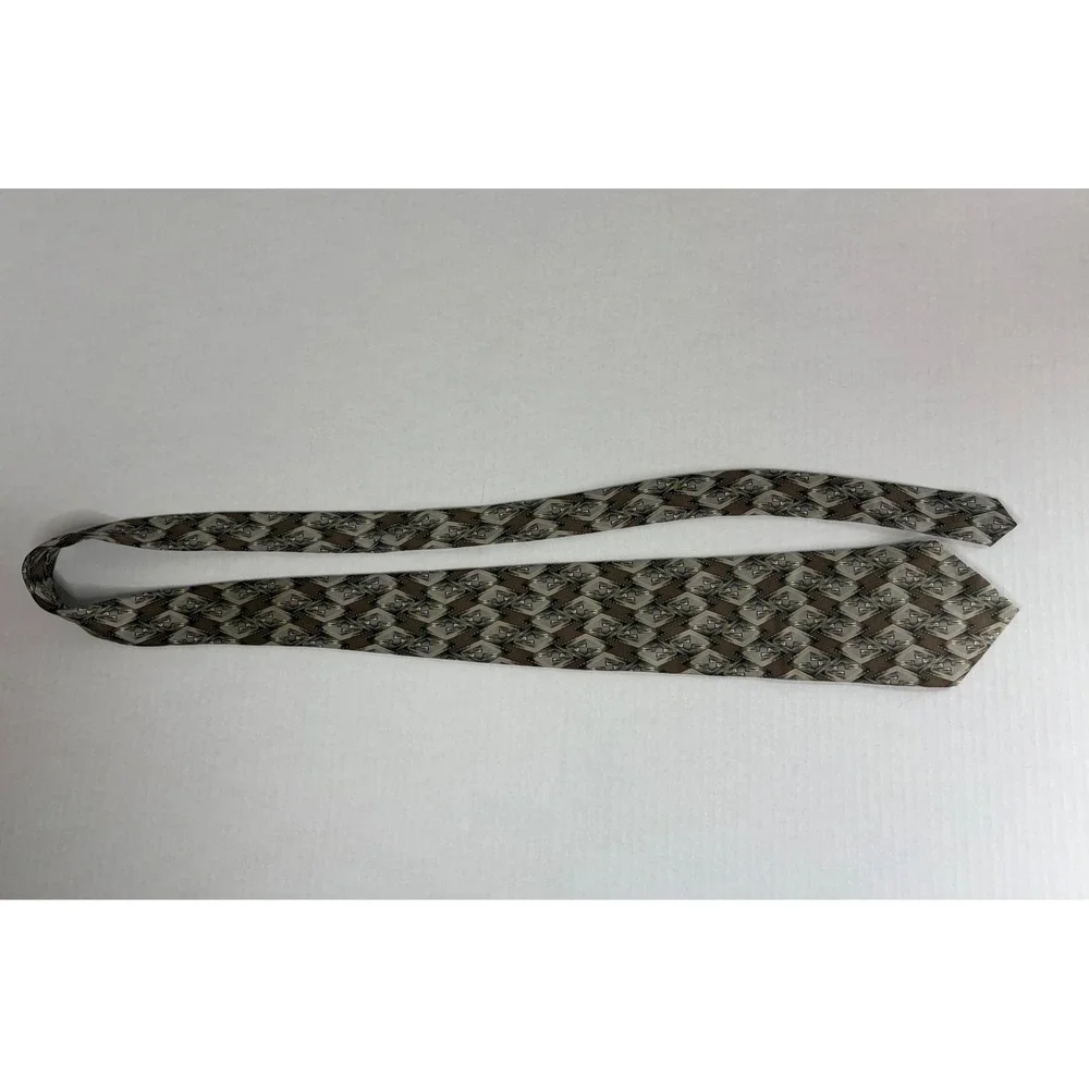 Basics By Croft & Barrow Mens 100% Silk Tie Brown Tan Gray Geometric Diamond USA